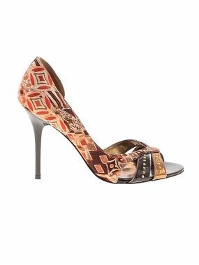 GUESS ~ Brown, Orange and Gold 4.5” Peep Toe Heels w/Brass Embellishments size 9